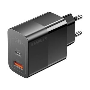 Caricatore Essager senza fili GaN con porta USB-A e porta USB-C 33W Power Delivery Nero (ECTAC-PCB01-P)