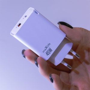 Caricabatterie Maxlife MXTC-09-45AC GaN PD QC con 1x USB-C, 1x USB, 45W, bianco