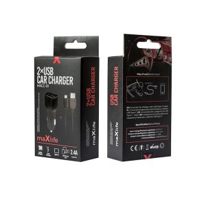 Maxlife MXCC-01 caricabatterie da auto 2x USB 2.4A nero + cavo USB-C