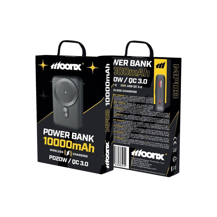 MOONX magnetic power bank MP03 PD 20W 1xUSB-C + 1xUSB QC3.0 22.5W 10000mAh black_0