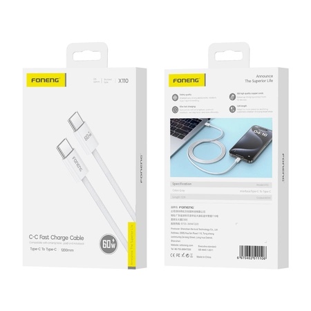 FONENG cable X110 USB-C - USB-C PD 60W 1.2M White_0