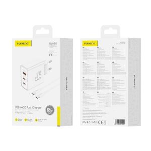 Caricatore da parete FONENG Gan50-EU GaN PD 65W 2xUSB-C + 1xUSB QC3.0 + cavo USB-C – USB-C Bianco