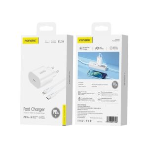 Caricabatterie da parete FONENG EU39 PD 20W 1xUSB-C + cavo USB-C – Lightning Bianco