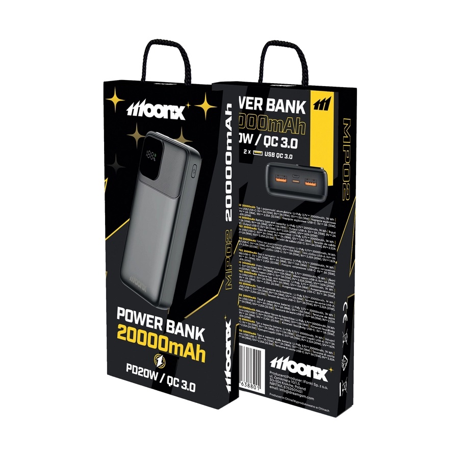 MOONX power bank MP02 PD 20W 1xUSB-C + 2xUSB QC3.0 22.5W 20000mAh black_0